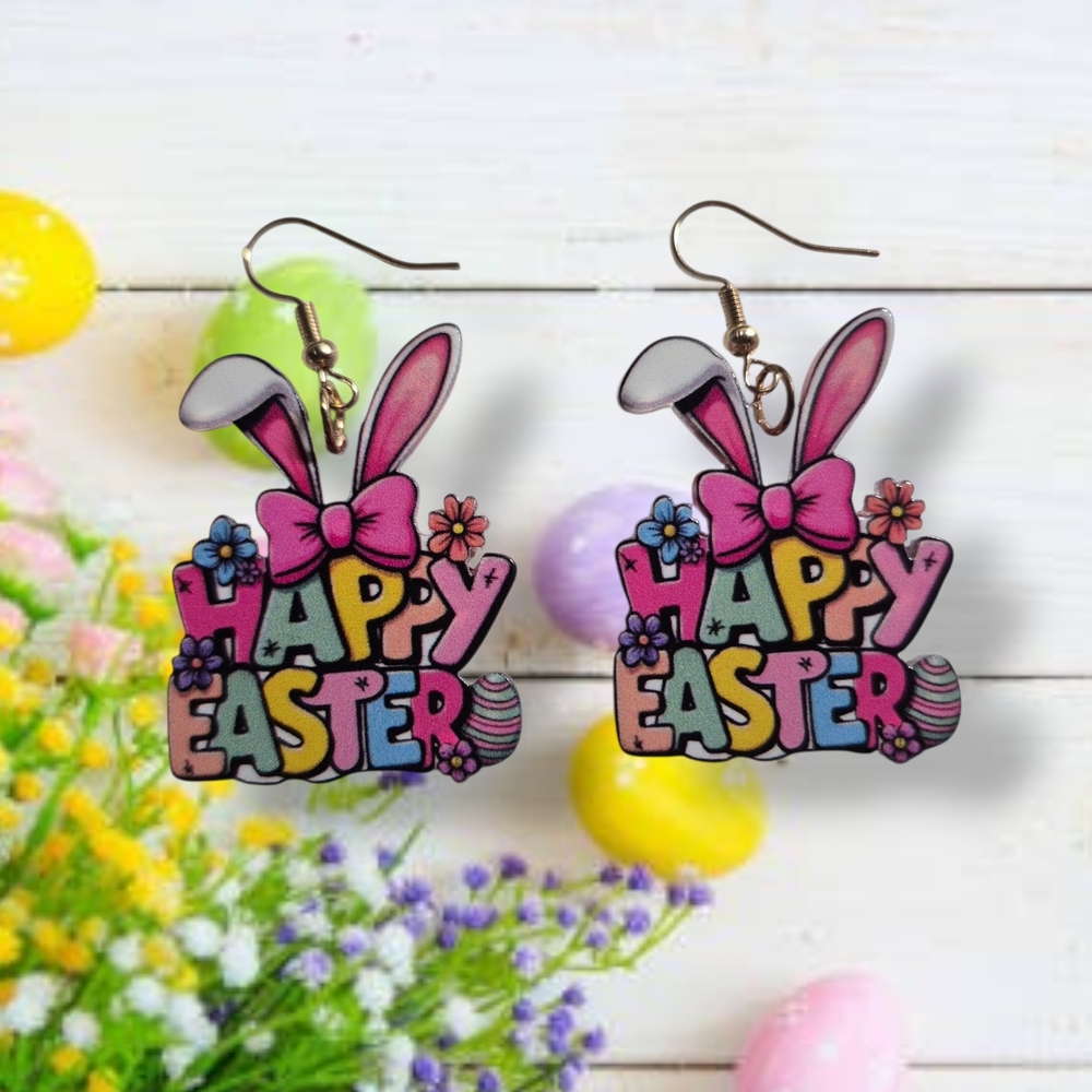 Sunny Girl Pink & Multi Happy Easter Bunny Earrings